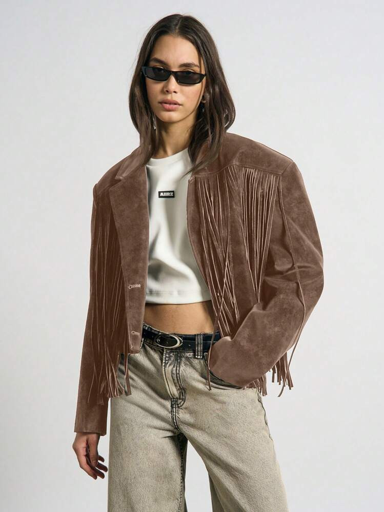 AiiRZ Western Suedette Cropped Fringe Western Jacket | SHEIN