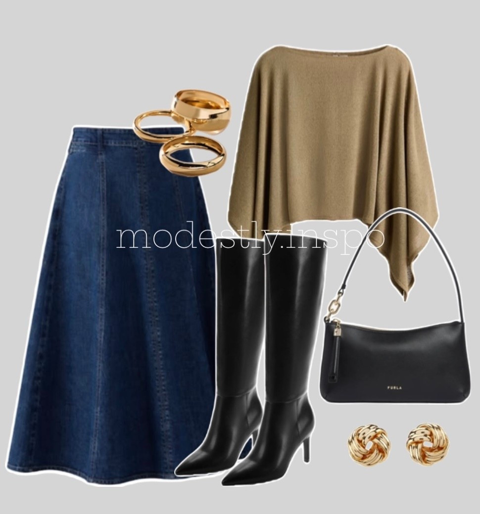 cape top, denim skirt, midi skirt, midi denim skirt, crop top cape top, H&M cape top, high knee boots, black high knee boots, denim style, midi skirt boots combo, black purse, modest style, modest fashion, outfit ideas, outfit inspo, affordable fashion 

#LTKootd #LTKSaleAlert #LTKgrwm