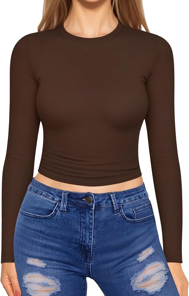 MANGOPOP Women's Long Sleeve Shirts Slim Fit Crew Neck Tops Basic Thermal Underwear T Shirt Tee | Amazon (US)