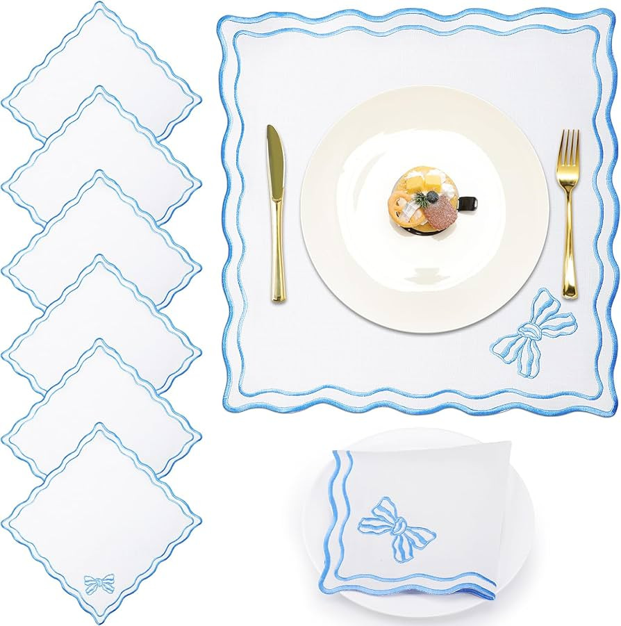 6 Set Bow Placemats Double Layers Cotton Linen Scalloped Embroidered Placemats, 15'' x 15'' Scall... | Amazon (US)