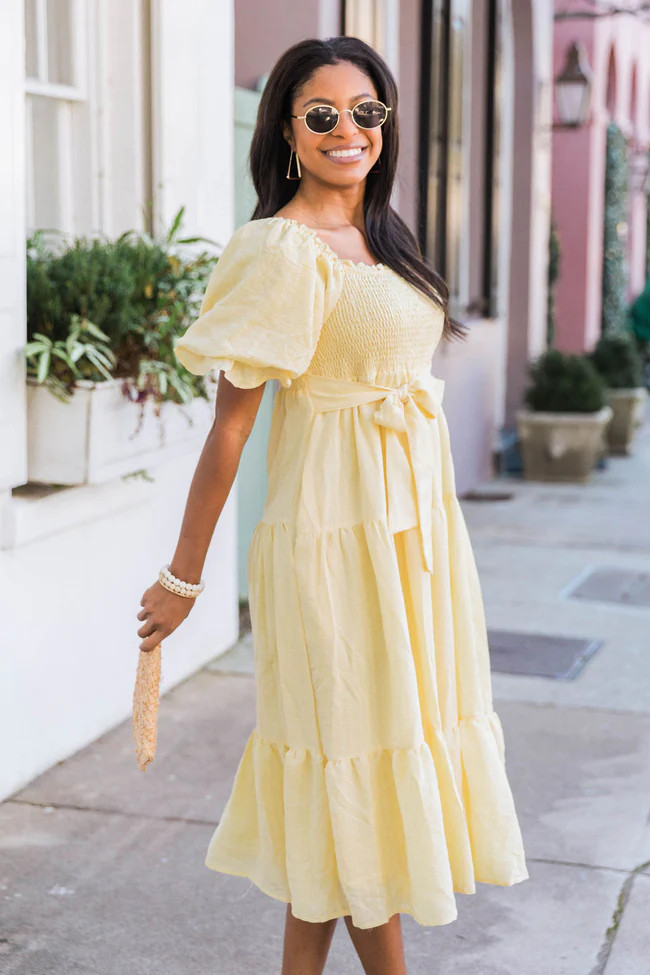 Looking For Perfection Yellow Puff Sleeve Midi Dress | The Pink Lily Boutique