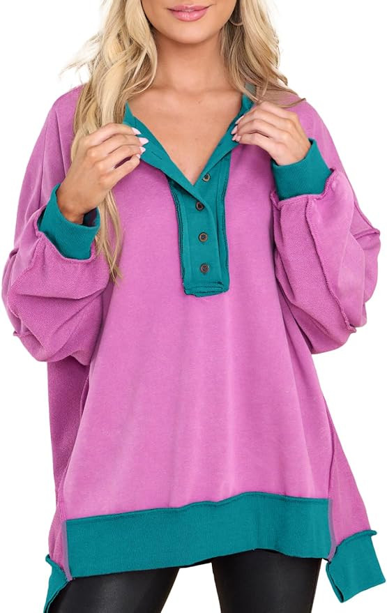 Dokotoo Sweatshirt for Women Oversized Casual Long Sleeve Button Henley Neck Pullover Tunic Tops ... | Amazon (US)