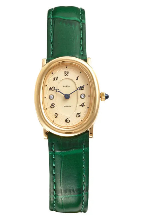 PASCAL Oval Bubble Lab Grown Diamond Leather Strap Watch, 24mm x 30mm in Lush Green at Nordstrom | Nordstrom