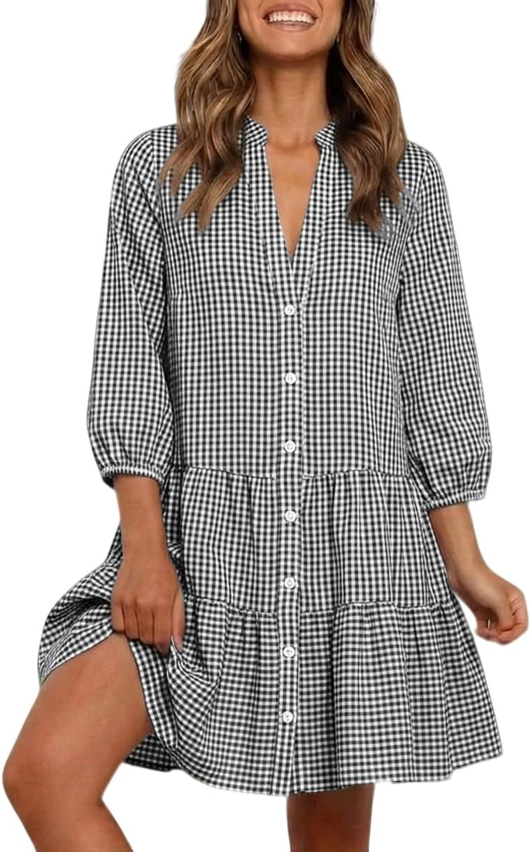 Kinghua Gingham Dress Women Spring Summer Casual Flowy Loose Fit Button Down 3/4 Sleeve Plaid Mini Shirt Dresses | Amazon (US)