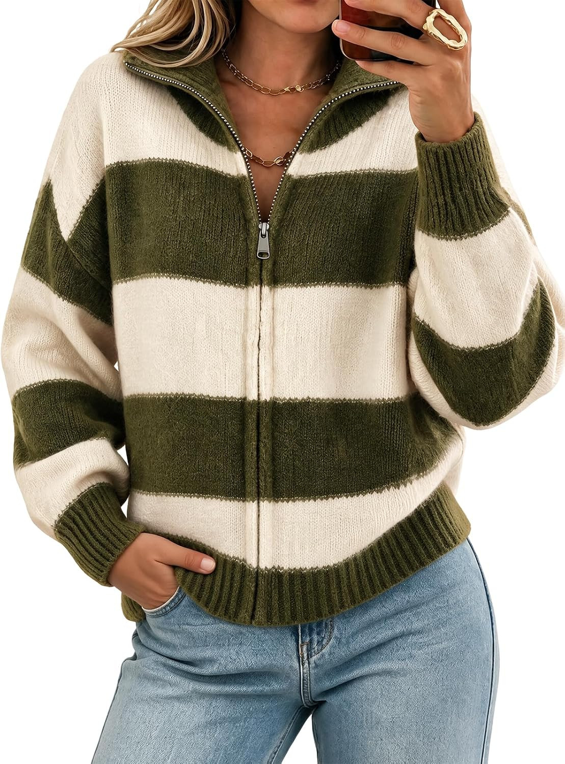 Cicy Bell Women Striped Color Block Cardigan Zip Long Sleeve Knit Sweater | Amazon (US)