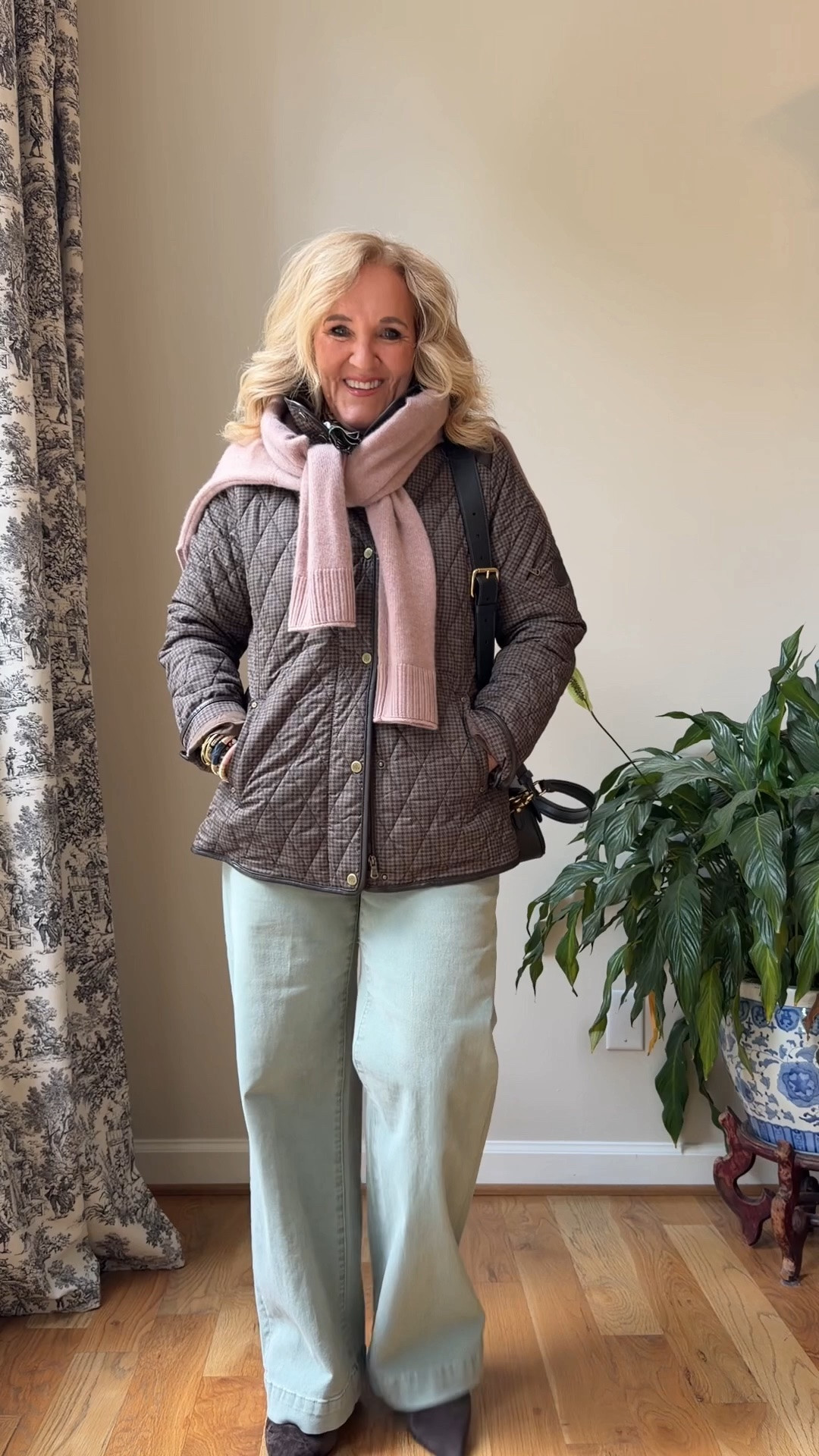 Traveling to Argentina this week where the temps are mainly 50s and 60s. So layers will be the name of the game. If you have an Alaskan trip, London or Northern Europe coming up some of these pieces will be great to add to your packing capsule.
Quilted jacket  jacket size m, and size up if you will be wearing a bulky sweater underneath, there’s not a lot of room
Green jeans , size 29 ￼ our premium denim by Paige anessa. Spanx also has a similar color and silhouette and they’re on sale. I’ll link them.
Cashmere sweater size medium . It’s a relaxed fit crewneck.
Brown suede boots are from last year. I’ll link a similar pair.
The Coach bag in black is classic and it’s small enough to go inside my tote for the airplane ride

#LTKOver40 #LTKSaleAlert #LTKTravel