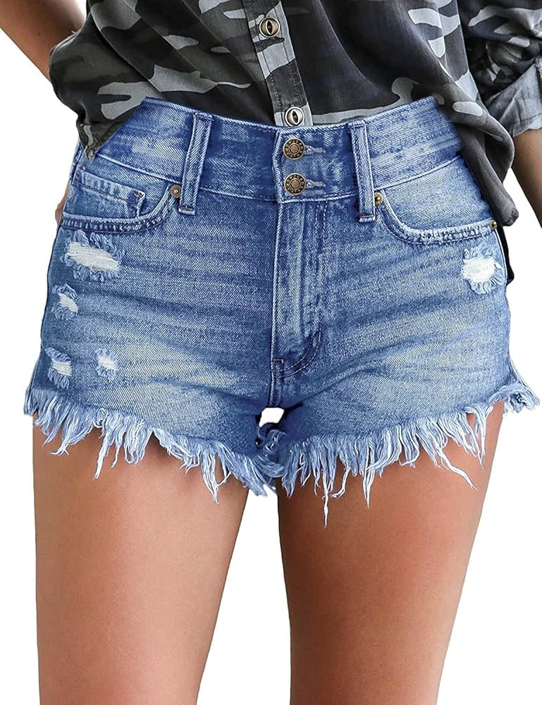 luvamia Women Casual High Waisted Denim Shorts Frayed Raw Hem Ripped Jeans Shorts | Amazon (US)