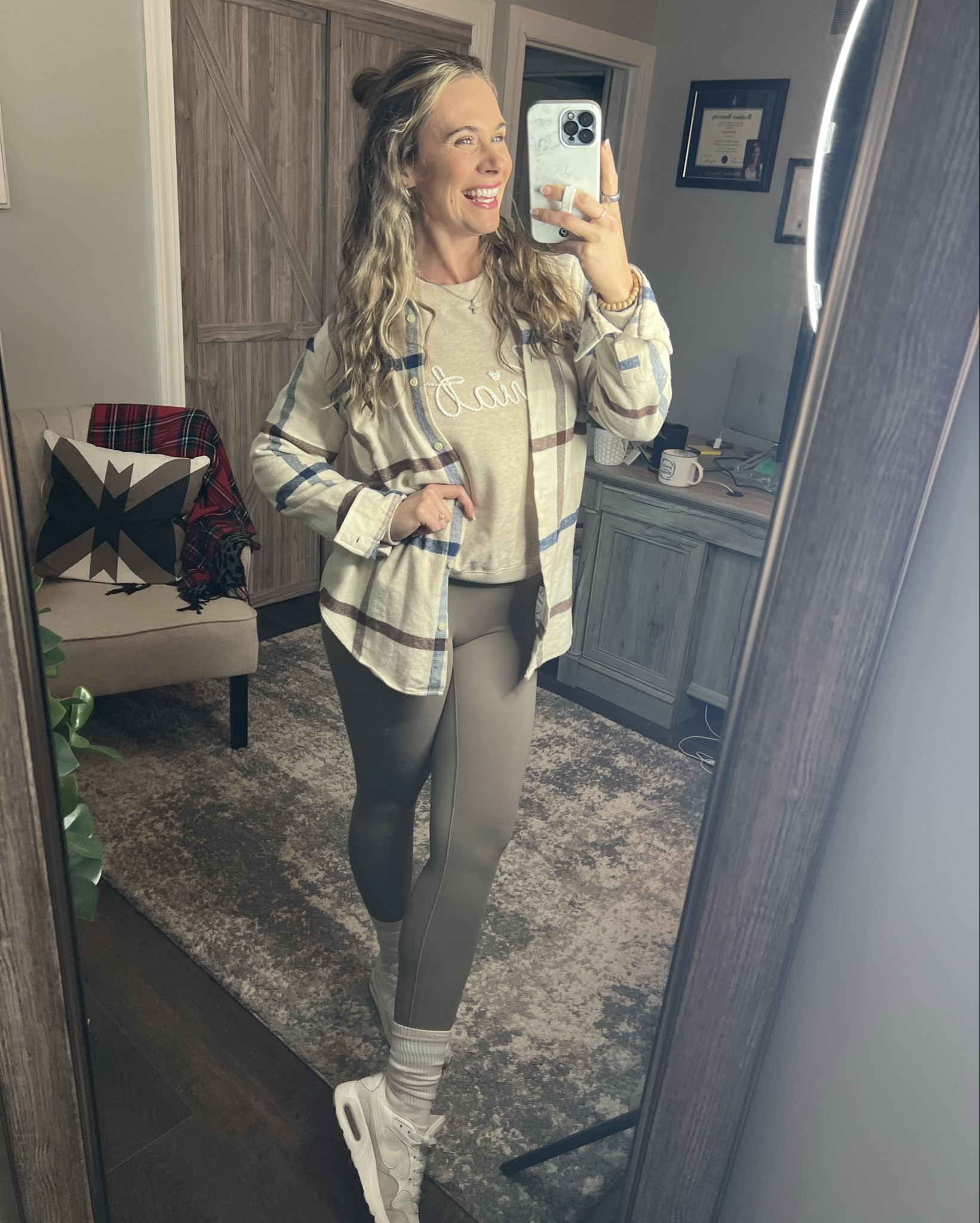 Neutral girly fall fit!🤎

Flannel- Small  
Crew- Medium crew 
Leggings- Medium - 23”
Shoes- TTS

5’4.5” 
About 145lbs 

These specific socks are on my website! Message me for deets 

#LTKSeasonal #LTKStyleTip #LTKActive
