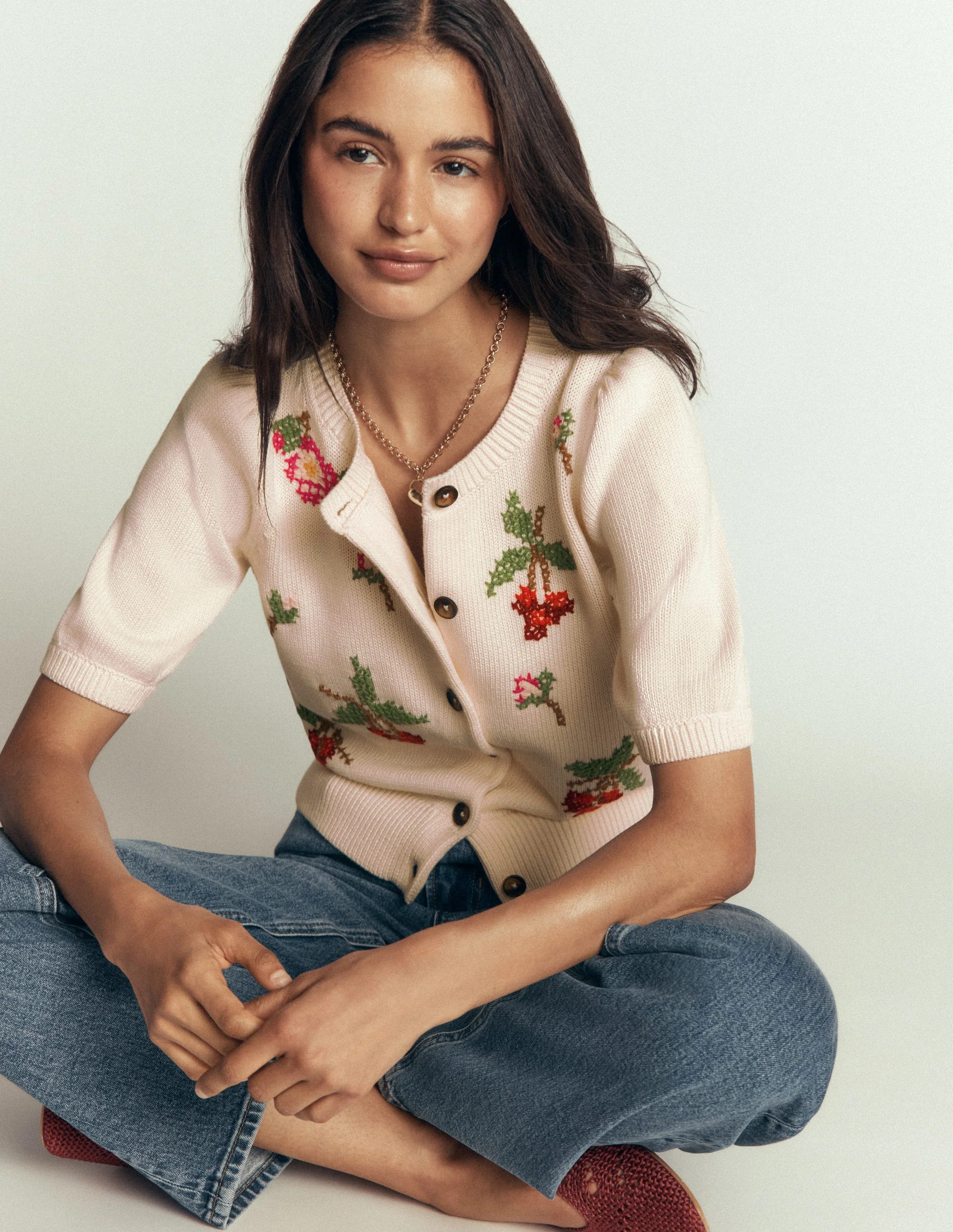 Puff Sleeve Cotton Cardigan-Warm Ivory, Embroidered | Boden (US)