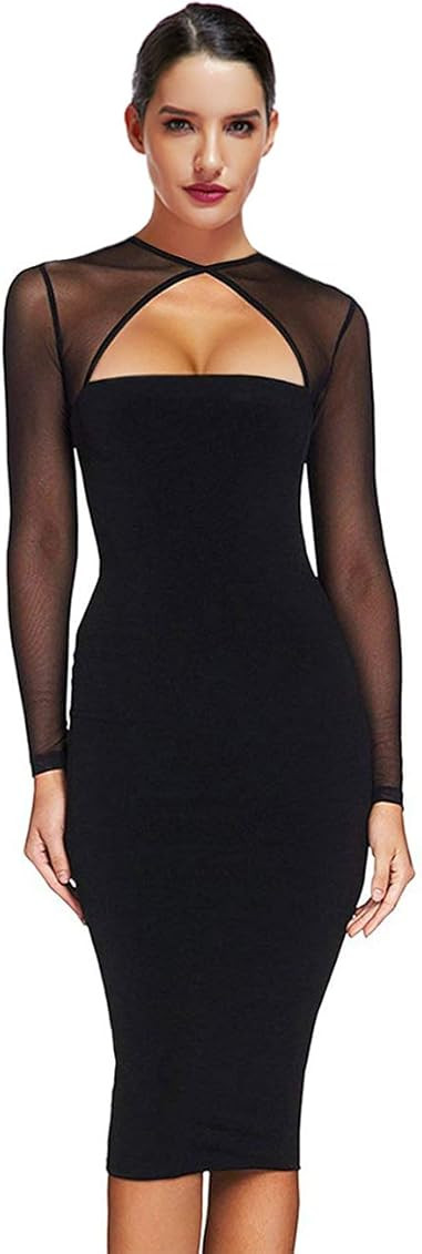 Maketina Women Midi Length Cut Out Keyhole Party Bodycon Bandage Dress with Transparent Long Sleeves | Amazon (US)