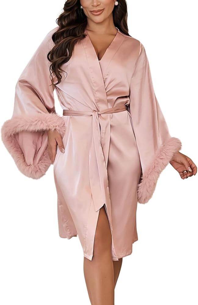 Satin Robes for Women Bridal Bridesmaids Robe Silk Robe with Faux Fur Trim Satin Bell sleeves Wed... | Amazon (US)