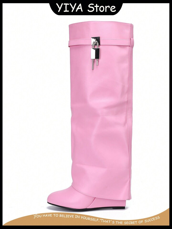 Womens Fold Over Wedge Boots High Heel Padlock Pants Knee High Shoes Tall Booties For Christmas P... | SHEIN
