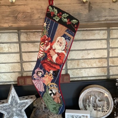 Needlepoint Christmas Stocking Old Fashioned Old World Santa Red Velvet Back 20" | eBay US