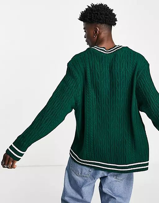 ASOS DESIGN cable knit cricket sweater in bottle green | ASOS (Global)