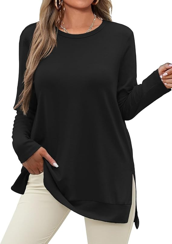 JUSTFASHIONNOW Womens Long Sleeve Tunic Tops to Wear with Leggings Crew Neck Side Split Layering ... | Amazon (US)
