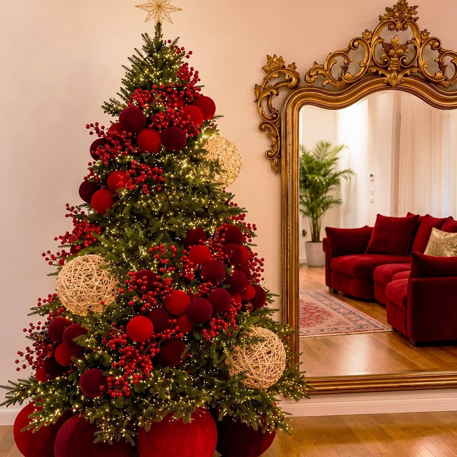 6 Ft Christmas Large Burgundy Velvet Ball Garland with Berries | Amazon (US)