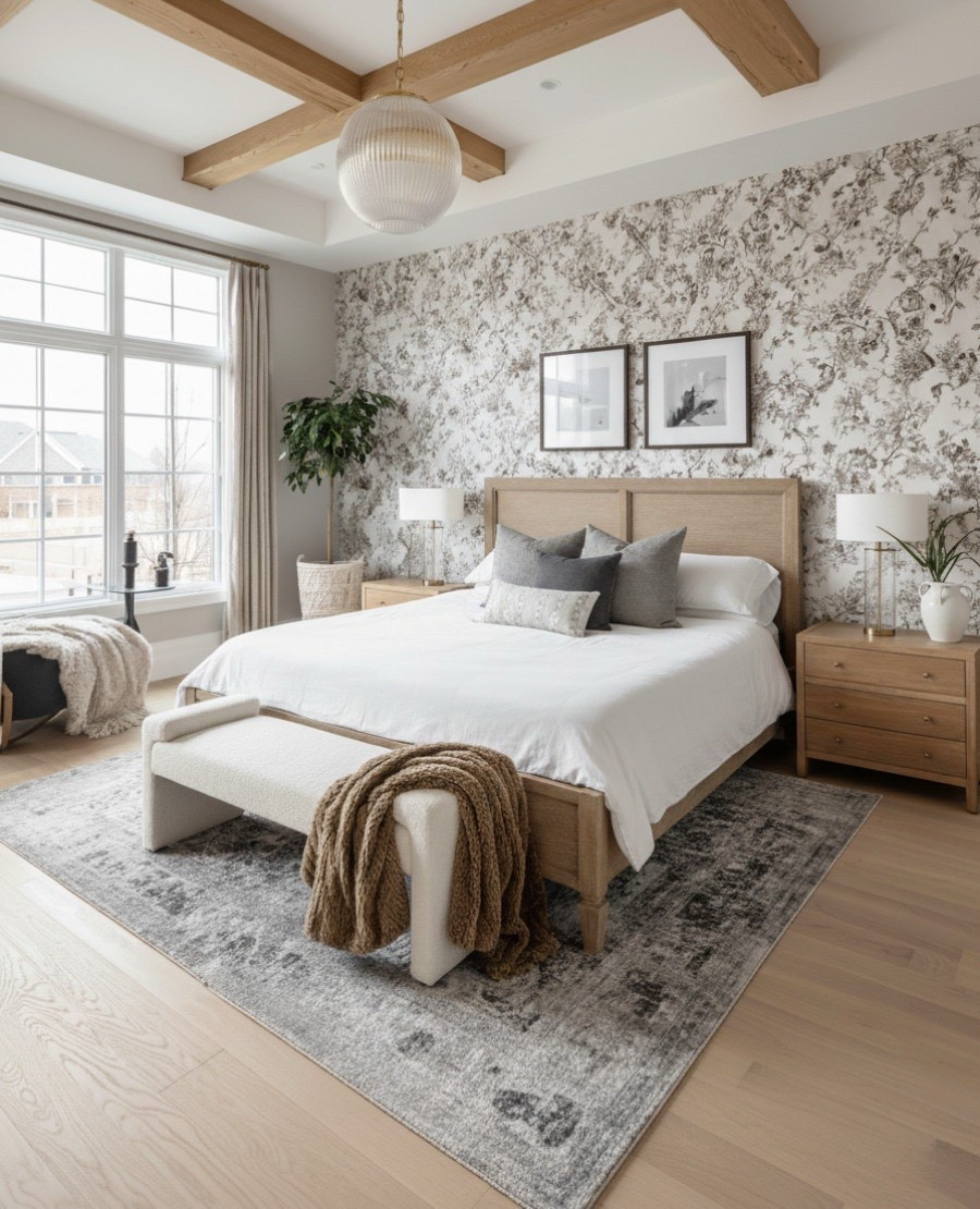 Soft tones meet timeless texture in this modern organic bedroom retreat. A floral toile accent wall adds subtle pattern behind a light oak wood bed, flanked by matching oak nightstands topped with glass tube brass table lamps for an elegant glow. Layered neutral bedding, gray accent pillows, and a bouclé upholstered bench introduce warmth and softness. A vintage-inspired gray area rug grounds the space, while wood ceiling beams and a ribbed glass globe pendant complete the cozy, elevated look.

Shop the look:
Oak wood bed | Oak nightstands | Glass tube brass table lamps | Bouclé bench | Gray vintage rug | Floral accent wallpaper | Neutral bedding | Ribbed glass pendant | Cozy knit throw | Modern organic bedroom decor 

#LTKSaleAlert #LTKHome #LTKFindsUnder100