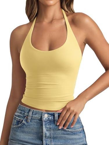 REORIA Women's Tie Halter Tops Backless Scoop Neck Double Lined Basic Summer Outfits 2026 | Amazon (US)