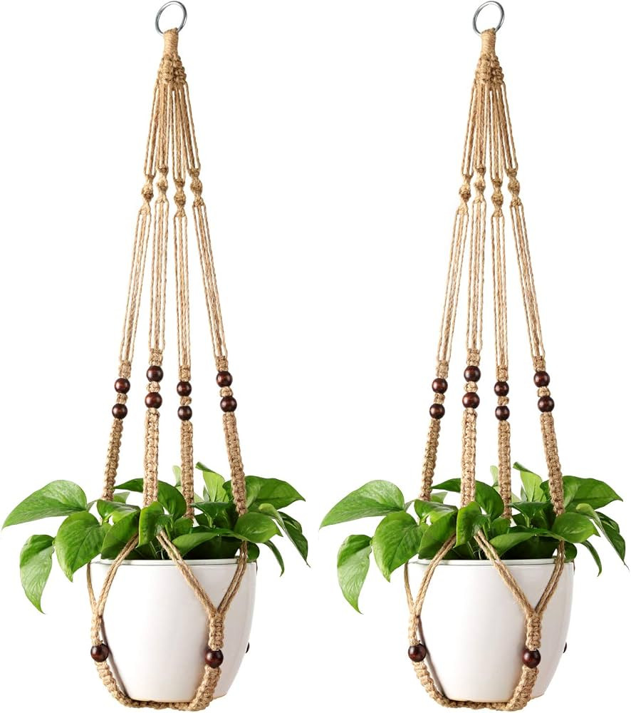 Mkono Macrame Plant Hanger Indoor Jute Hanging Planter Basket with Wood Beads Decorative Flower P... | Amazon (US)