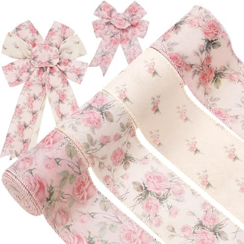 Generic 4 Rolls Pink Floral Wired Ribbon 2.5 Inch Vintage Rose Flower Ribbon for Bow Wreath Craft... | Amazon (US)