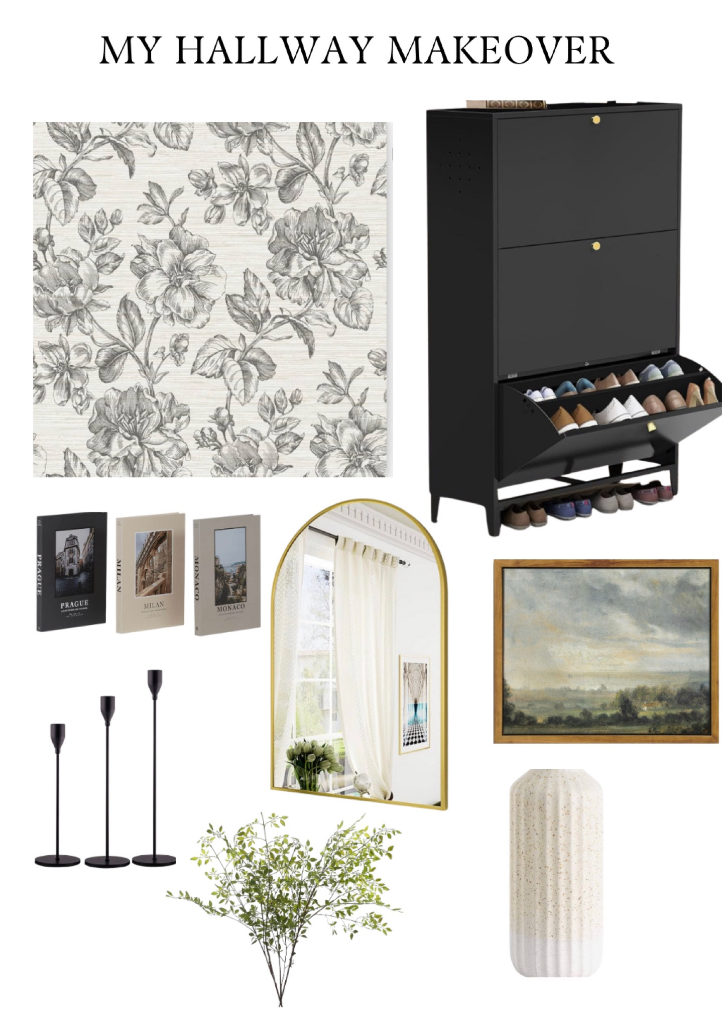 Narrow shoe cabinet. Gold mirror. Peel and Stick wallpaper and more from my hallway makeover 

#LTKFindsUnder100 #LTKHome