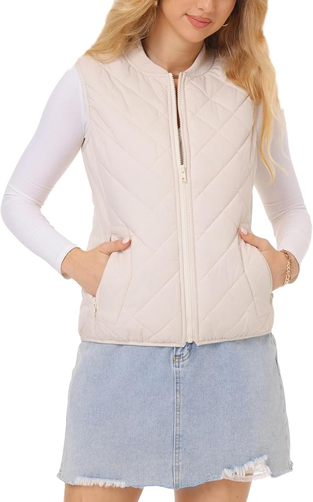 Fuinloth Women's Quilted Vest, Rib Collar Lightweight Zip Padded Gilet | Amazon (US)