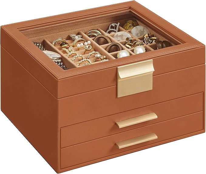 SONGMICS Jewelry Box Organizer with Glass Lid, 3-Layer Jewelry Storage, with 2 Drawers, Modern St... | Amazon (US)