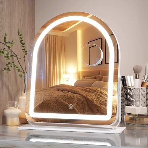 Hasipu Vanity Mirror with Lights, 12"× 13.8" Arched LED Makeup Tabletop Mirror, Lighted Makeup Mirror with Lights, Smart Touch Control Dimmable 3 Modes Light 360°Rotation White | Amazon (US)