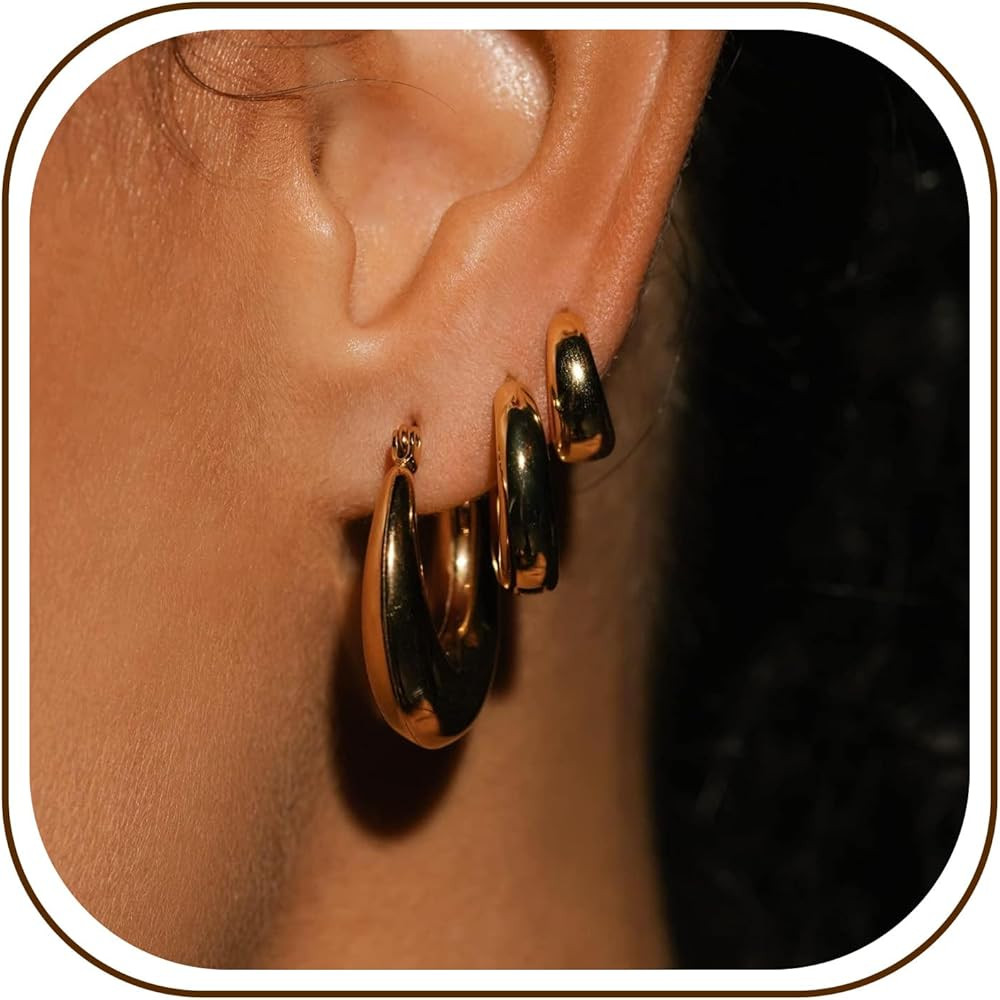 Chunky Gold Hoop Earrings for Women, 3 Pairs 14k Gold Plated/Silver Chunky Hoop Earrings Stack Se... | Amazon (US)