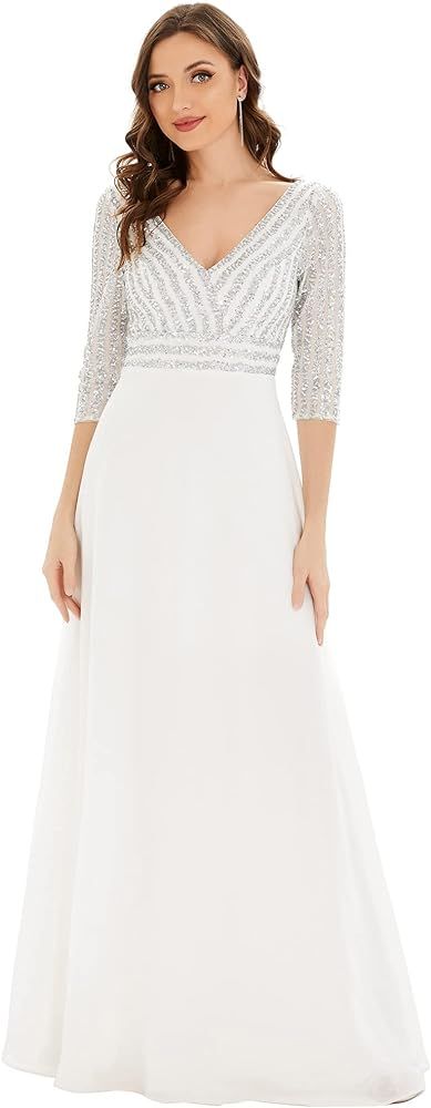 Ever-Pretty Women's Elegant V-Neck Long Sleeve Sequin Evening Party Dress 0751 | Amazon (US)