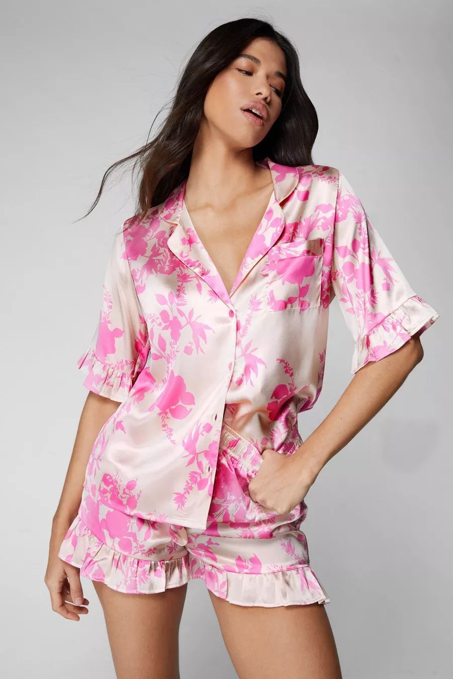 Satin Floral Ruffle Pajama Shorts Set | Nasty Gal US