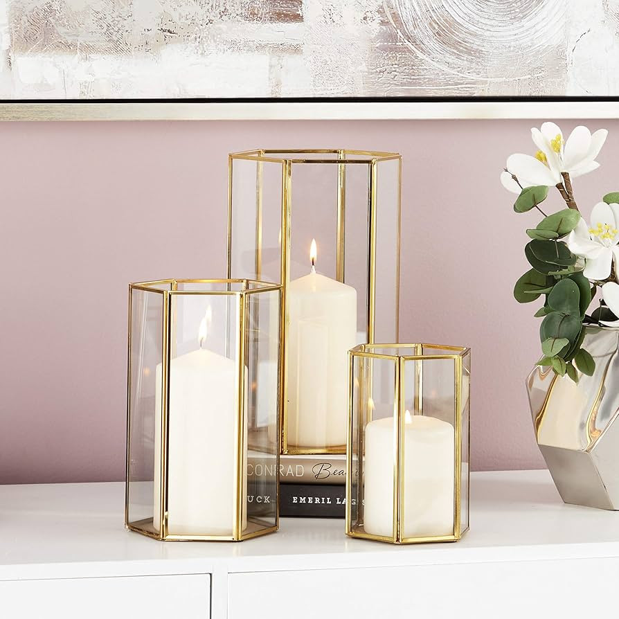 CosmoLiving by Cosmopolitan Glass Pillar Candle Lantern with Metal Plate, Set of 3 6", 8", 10"H, ... | Amazon (US)