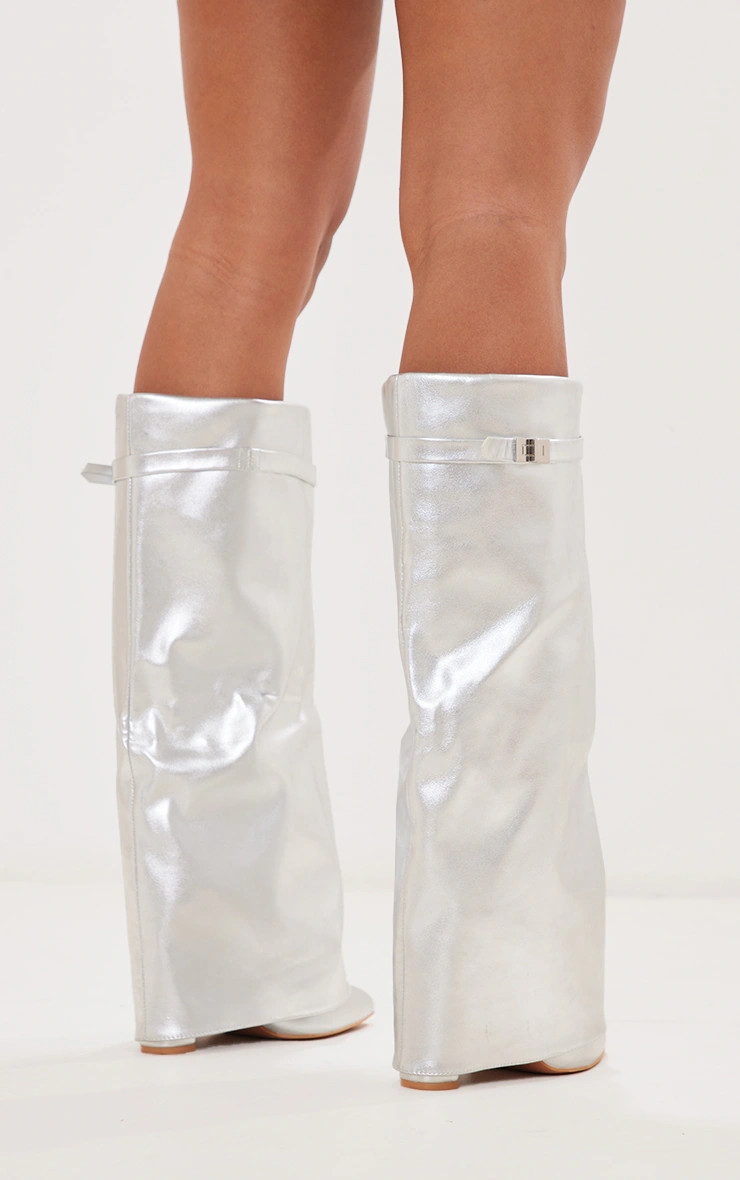 Silver Pu Matt Fold Over Knee Block Heeled Boots | PrettyLittleThing US