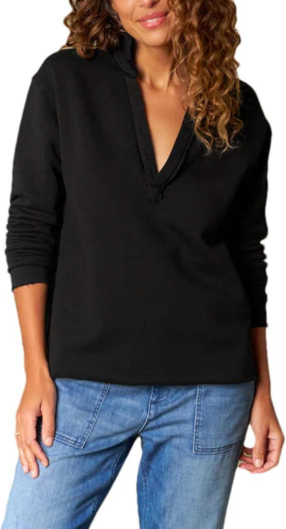 Zontroldy Women's Casual V Neck Pullover Sweatshirt Long Sleeve Solid Color/Stripe Polo Collared ... | Amazon (US)