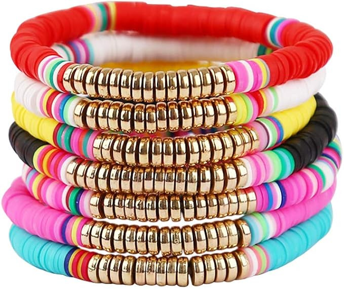 Colorful Heishi Beaded Surfer Bracelet, Vinyl Disc Bead Bracelet, Elastic Rope Surfer Bracelet Se... | Amazon (US)