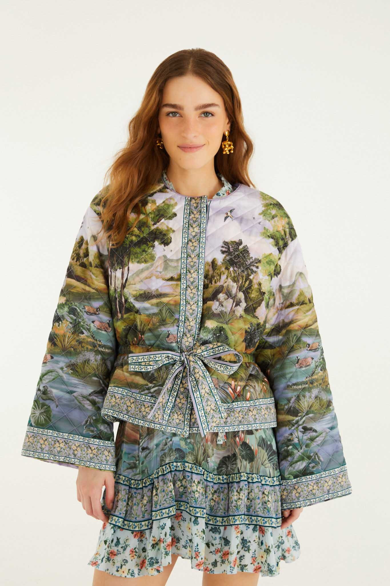 Multicolor Countryside Landscape Quilted Kimono Jacket, COUNTRYSIDE LANDSCAPE MULTICOLOR / S | FarmRio (US)