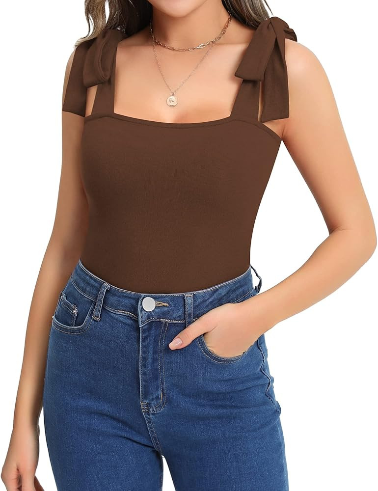 MANGOPOP Women's Square Neck Sleeveless Tank Tops Tie Shoulder Bodysuits Jumpsuits Clubwear | Amazon (US)