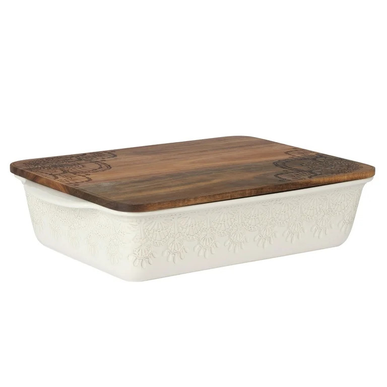 The Pioneer Woman 9" x 13" Vintage Lace Ceramic Casserole Baking Dish with Wood Lid, Linen | Walmart (US)