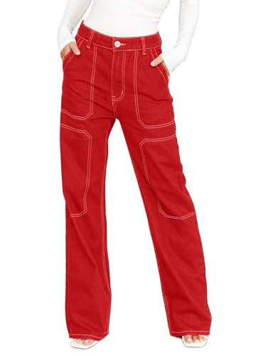 Dokotoo Womens Casual High Waisted Cargo Jeans for Women Wide Leg Boyfriend Denim Pants Red Size 8 | Amazon (US)