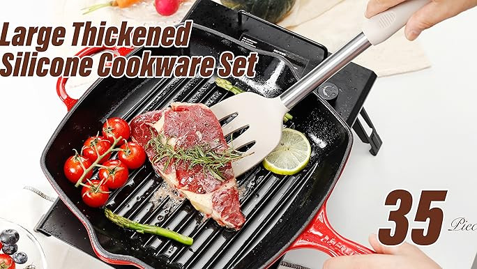 Kitchen Utensils Set, 35 Pcs Silicone Cooking Utensils Set with Holder, with Stainless Steel Hand... | Amazon (US)