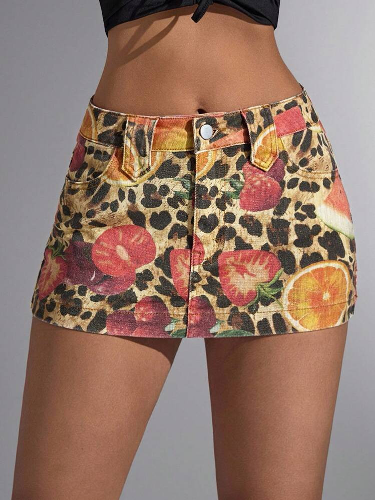 Jeanoix Women Denim Mini Skirt With Fruit & Animal Print | SHEIN