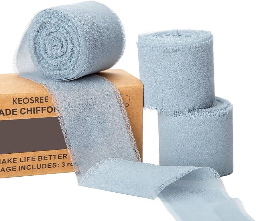3 Rolls Dusty Blue Handmade Chiffon Ribbon,1.5" x 21Yd Frayed Fringe Silk Ribbons (3 Rolls *7Yd) ... | Amazon (US)