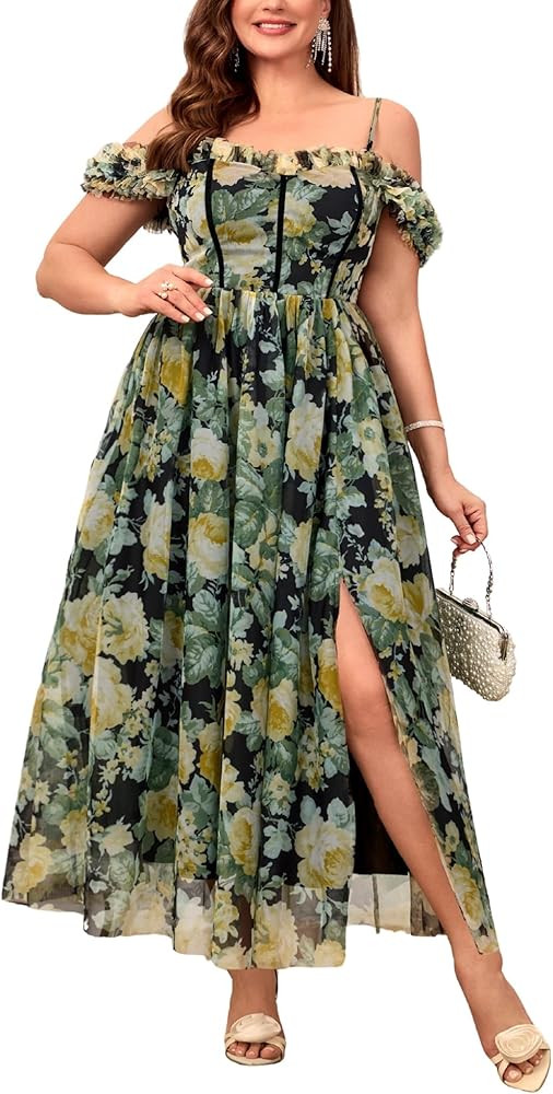 Women's Plus Size Formal Party Cocktail Dress, Wedding Guest Evening Gown with Slit - Off Shoulde... | Amazon (US)