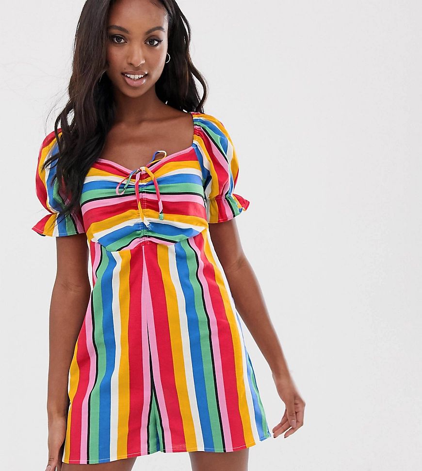 ASOS DESIGN Tall romper with puff sleeve and tie detail in rainbow stripe-Multi | ASOS (Global)