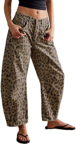 Leopard Barrel Women's Cheetah Print Baggy Boyfriend Mid Rise Wide Leg Denim Tapered Jeans | Amazon (US)