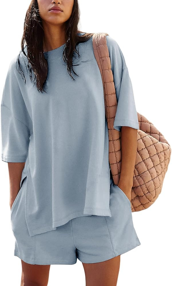 Women's 2 Piece Tracksuits Oversized Casual Sweatsuit Short Sleeve Wide Leg Pants Lounge Sets | Amazon (US)