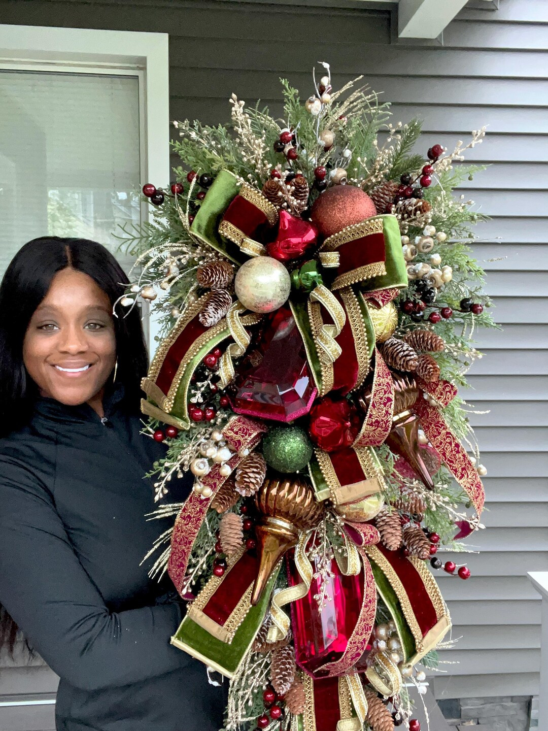 Burgundy Christmas Swag, Glam Brown and Gold Decor, Traditional Wreath - Etsy | Etsy (US)