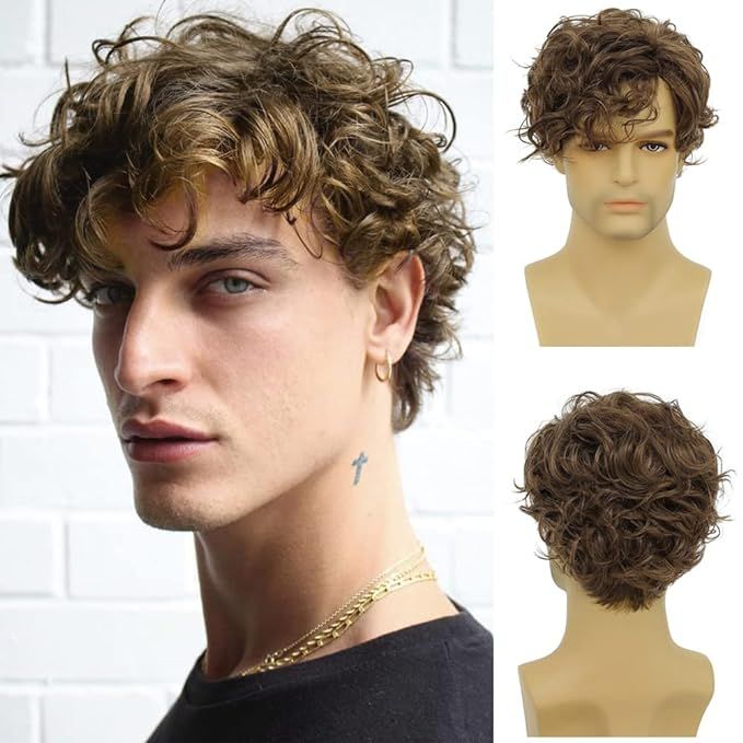 Tseses Short Brown Wigs for Men Curly Layered Natural Looking Side Part Hair Heat Resistant Synth... | Amazon (US)