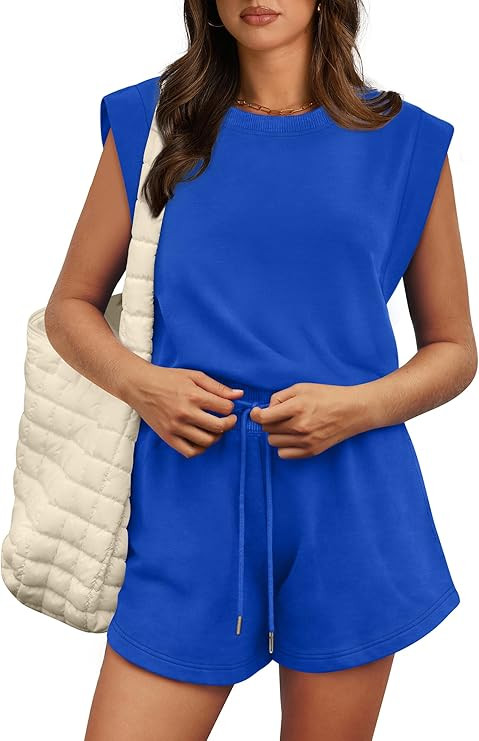 OFEEFAN Rompers for Women Summer Cap Sleeve Adjustable Drawstring Waistband Crewneck Casual Outfi... | Amazon (US)