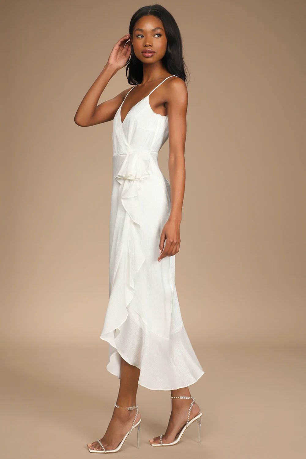 Captivated Beauty White Satin Ruffled Midi Dress | Lulus (US)